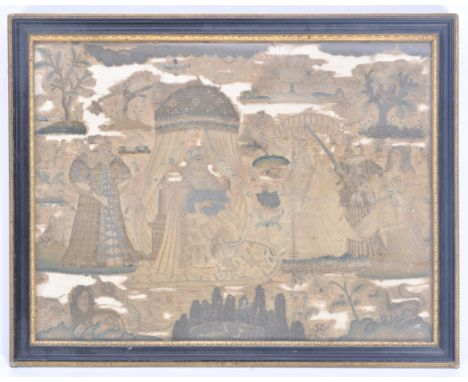 A mid-17th century fine needlework picture, worked in coloured silks, metal thread, purl and chanille. Believed to depict Kin