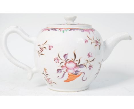 An 18th Century Chinese antique porcelain teapot hand painted with puce floral sprays and scroll borders. Shaped handle and s