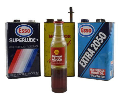 Automobilia - a selection of 20th-century oil cans / bottles. The lot comprises one Shell X-100 glass oil bottle and two exam