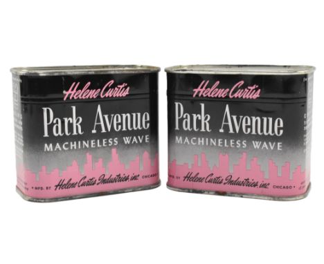 Helene Curtis Hairdressing - two vintage American 1950s unused hairgel tins. Each hair gel tin in pink on black ground featur