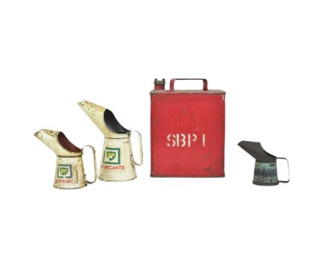 A collection of three vintage oil pourers comprising Bluecol 1/2 pint, BP 1 pint and quarter gallon together with a red SM &a