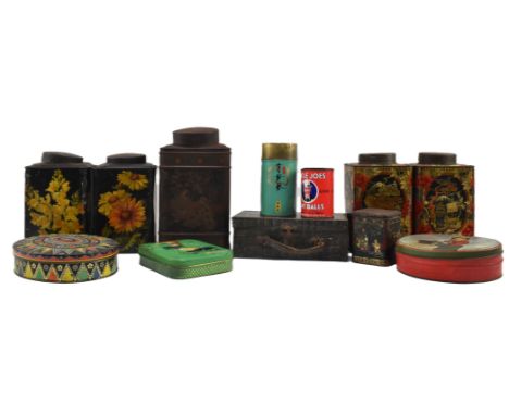 A collection of early 20th century vintage advertising tins. The lot comprising three mustard tins with Chinoiserie decoratio