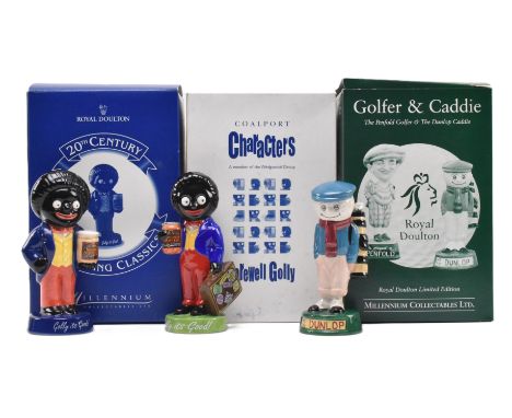 Vintage advertising - two Coalport / Royal Doulton golly figurines, together with another, all boxed & with certificate. The 