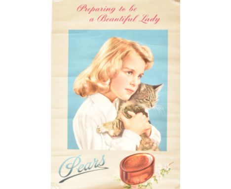 Pears Soap - a mid-century shop display / point of sale advertising lithograph poster. The pictorial poster featuring a young