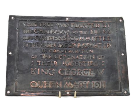 An early 20th century circa 1911 metal tree plaque. The plaque to read 'This Tree was Planted by the Chairman of the Park and