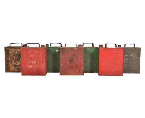 Petroliana - a selection of seven vintage 20th-century petrol cans. Mix of colours, mostly red and green with examples from E