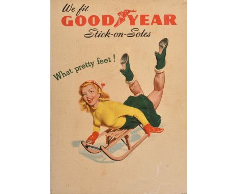 Goodyear - a vintage mid-20th-century pictorial showcard advertisement. The showcard showing a glamour girl with notations re