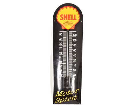 Shell - a vintage 1990s reproduction advertising point-of-sale / garage display porcelain enamel sign with central thermomete