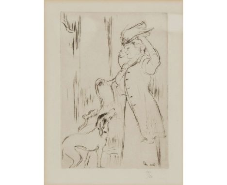  LOUIS LEGRAND (FRENCH 1863-1951) LA SORTIE, FIGURE AND DOG, 1906 Drypoint etching, 19/20, numbered in pencil to margin, sign