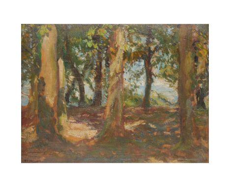  THOMAS CANTRELL DUGDALE R.A. (BRITISH 1880-1952) DAPPLED LIGHT, THE GLADE Signed lower left, oil on board 24.75cm x 33.75cm 