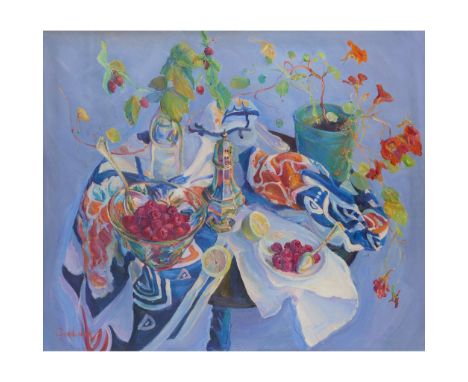  JOSEPHINE GRAHAM (SCOTTISH 1926-) STILL LIFE WITH RASPBERRIES AND NASTURIUMS Signed lower left, oil on canvas 74cm x 90cm (2