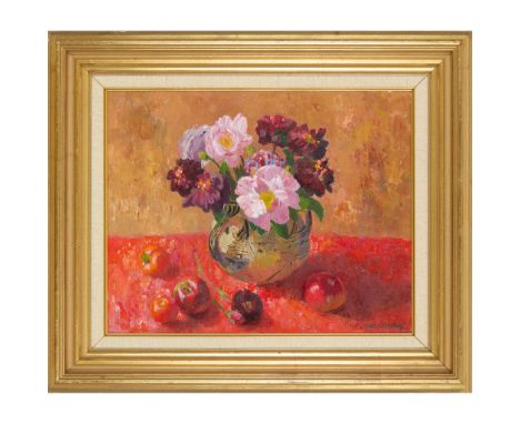  MARY NICOL NEILL ARMOUR R.S.A., R.S.W. (SCOTTISH 1902-2000) STILL LIFE WITH OLD FASHIONED ROSES, 1975 Signed and dated '75 l