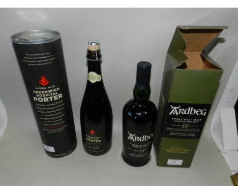 A bottle of Ardbeg Single Islay Malt Scotch Whisky, contained within original box together with a bottle of Greenwich Hospita
