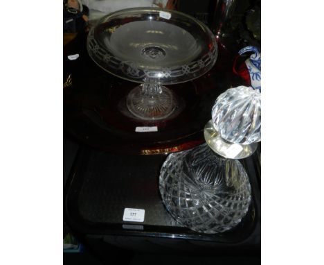 A large ruby glass centrepiece bowl together with a a cut glass decanter with silver-plated collar and a further clear and fr