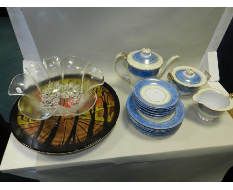 A modern Japanese blue and yellow ground part tea service together with a Poole Aegean pattern charger and a frosted glass bo