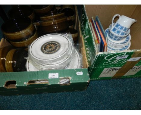 Two boxes of dinner and tea wares to include modern stoneware service, modern Ridgeway iron stone part service and Royal Tusc