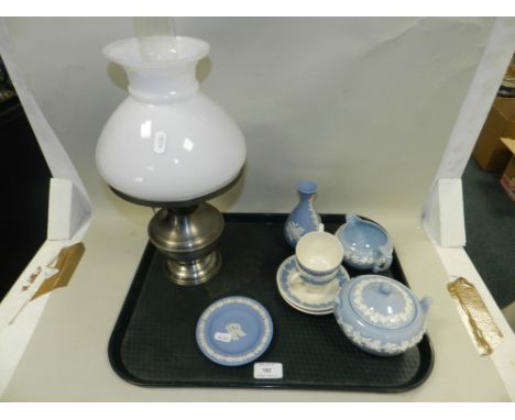 Wedgwood blue and white jasperware and queen's ware, to include a pin dish, vase, twin handled box and cover, two cups and sa