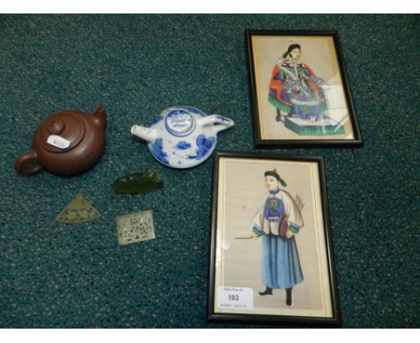A pair of Pith silk paintings together with jade plaques, a jadite camel and two miniature teapots and covers