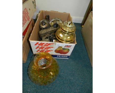 An oil lamp with orange glass shade, together with assorted metal and pewter wares to include a box and cover decorated with 