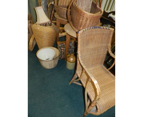 A mid 20th century bamboo and cane open armchair, various wicker baskets, two occasional tables, lamp shades, garden hand too