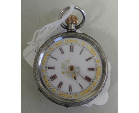 A continental white metal cased fob watch, the enamel dial with Roman numerals.