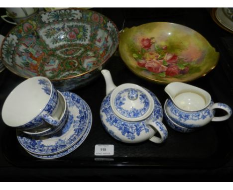 A 20th century Chinese Export Canton enamel bowl, together with a small quantity of Copeland Spode's teawares in the Byron pa