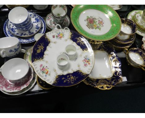 Two trays to include a small quantity of Cauldon, England cobalt and gilt teawares comprising three teacups, three saucers, f