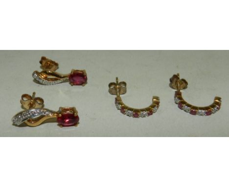 Two pairs of ruby and diamond set earrings*