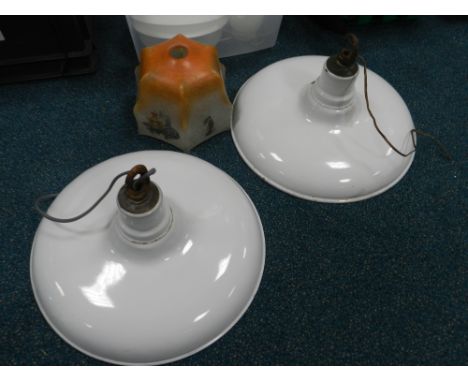 A pair of white ceiling shades together with a frosted glass shade decorated with Oriental style figures, various other shade