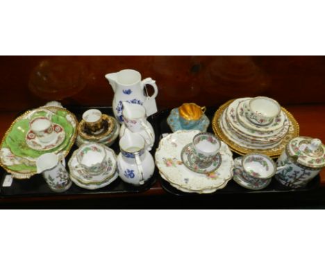 Two trays of assorted Coalport porcelain, circa 1880 and later, to include a light blue fluted jewelled cup and saucer, India