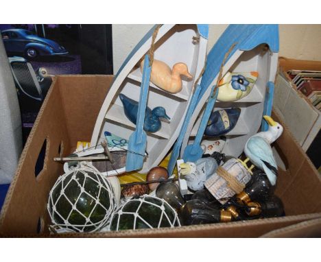 Mixed Lot: Model seagulls and ducks, two novelty boat stands, light bulbs etc
