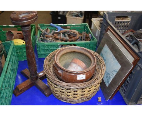 Mixed Lot: Planter, terracotta pots, basket, candlestick, pictures