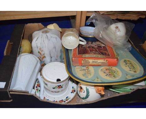 Box of various mixed ceramics, glass light shade etc