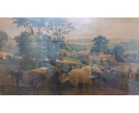 A print depicting a farm scene, within an elaborate gilded frame and glazed, (51x77 cm).