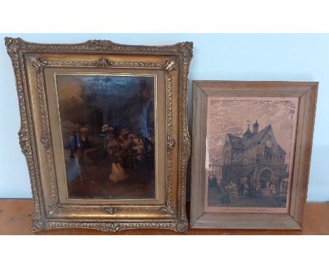 A print underglass and a brass plate (39x33 cm largest with frame). (2)