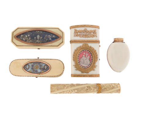 A collection of ivory items, including a French late 18th century long oval ivory patch box, centred with a marker within gol