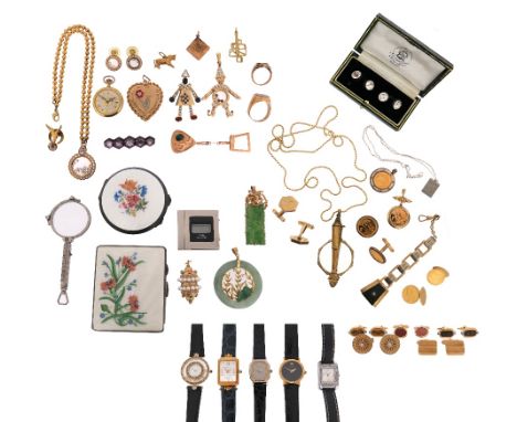 A quantity of jewellery, including a ruby and diamond flower-mounted gold heart-shaped pendant, two stone-mounted gold signet