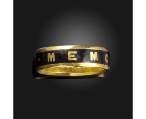A Victorian 18ct gold black enamel mourning ring, reading 'In Memory', engraved to interior 'Ben Baldwin 1875', size Q