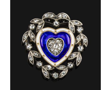 A Victorian diamond and enamel heart brooch, centred with a cluster of rose-cut diamonds within a surround of blue and white 