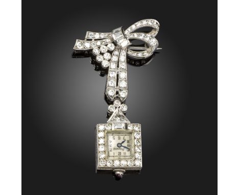 A diamond-set fob watch, the stylised diamond-set bow suspends a triangular diamond above a square-shaped watch, signed Annie