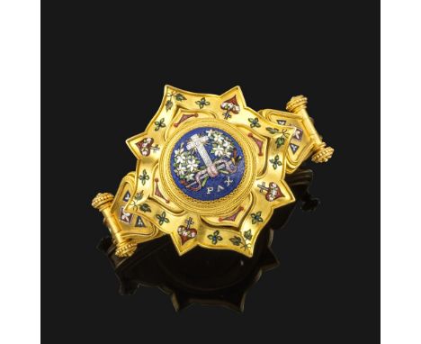 A 19th century micromosaic and enamel gold hinged bangle, the circular domed centrepiece with micromosaic cross above 'PAX' a