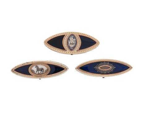 Three French late 18th century lozenge-shaped ivory patch boxes, one centred with a glazed gold-framed locket compartment con