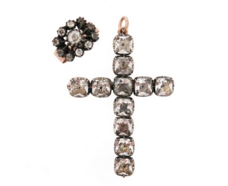 A 19th century cruciform pendant, set with eleven cushion shaped rock crystals, set in silver and gold, 5.5cm high, and a whi