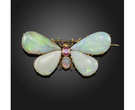 An Edwardian gem-set butterfly brooch, set with solid white opal wings, a ruby and boulder opal body in yellow gold, 6cm wide