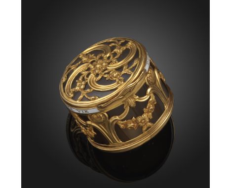 An English mid 18th century drum form box with hinged cover, with gold foliate scroll decoration with swags, white and gold e