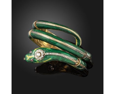 A gold hinged snake bangle, with green and yellow enamel decoration set with a line of small cushion-shaped diamonds, the hea