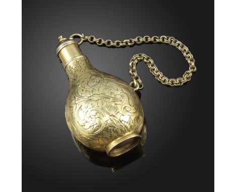 A Charles II silver gilt scent flask, of pilgrim bottle form with screw-on cap and suspension chain, with detachable cork, en