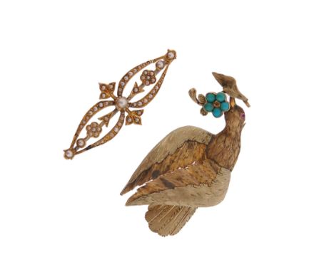 A Regency gold dove brooch, set with a ruby eye and a turquoise forget-me-not, 5cm wide, with an Edwardian seed pearl and gol