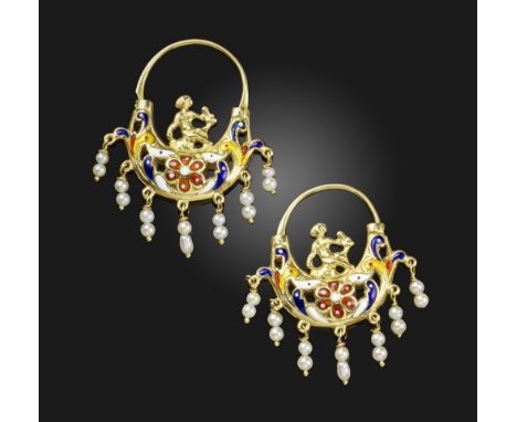 A pair of enamel and gold earrings, designed as stylised putti riding polychrome enamel gondolas suspending cultured pearls i