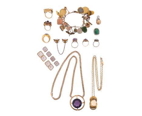 A large amethyst pendant set on a gold curb-link neck chain, a citrine pendant set on a gold necklace, an amethyst-set gold r